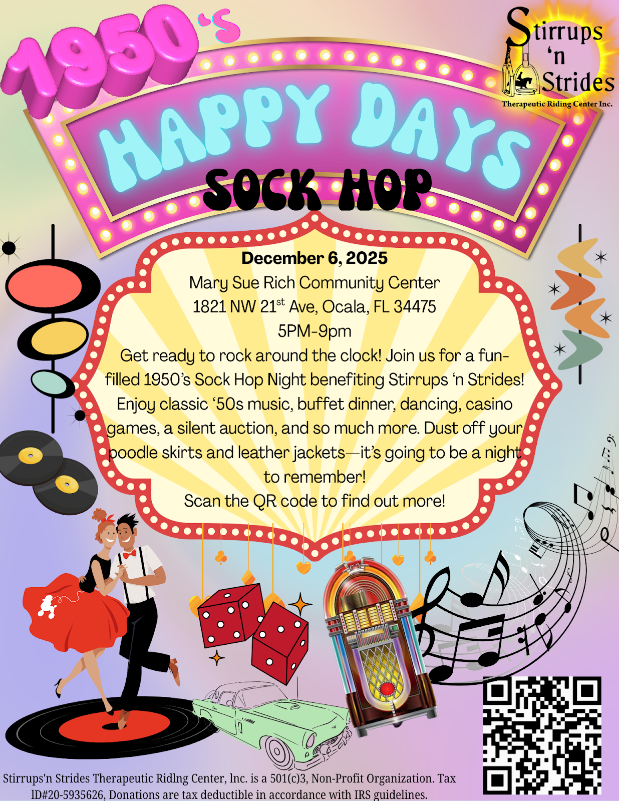 A 1950s-themed casino fundraiser in Ocala with retro decor, blackjack tables, and community members enjoying games and dancing to benefit Stirrups ’n Strides.