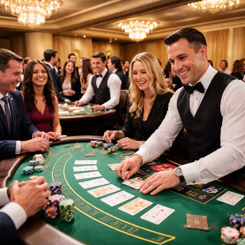 Professional dealers hosting casino games at a corporate team building event